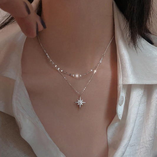 Silver Star Moon Double Necklace For Women