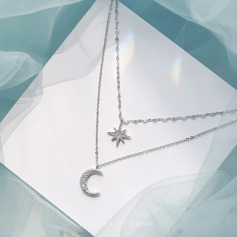 Silver Star Moon Double Necklace For Women